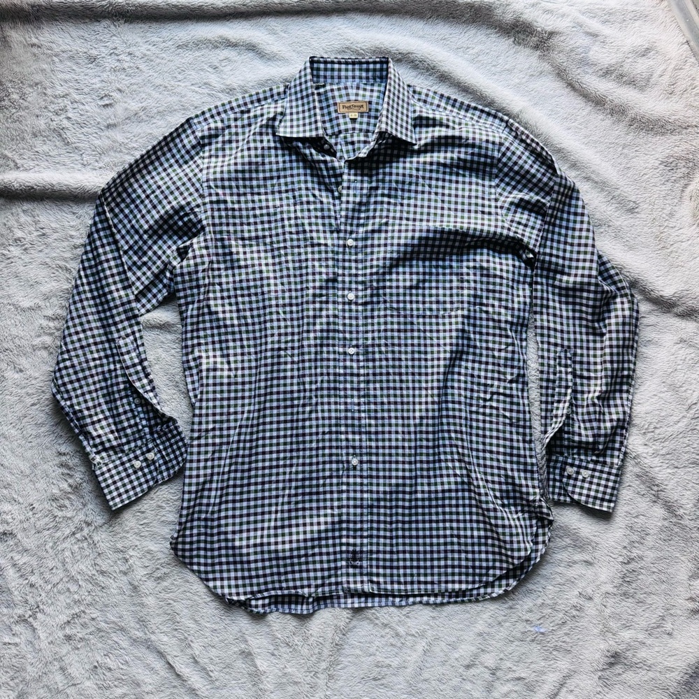 Paul Stuart Dress Shirt 16/35 Green Brown White Gingham 100% Cotton Classic Fit